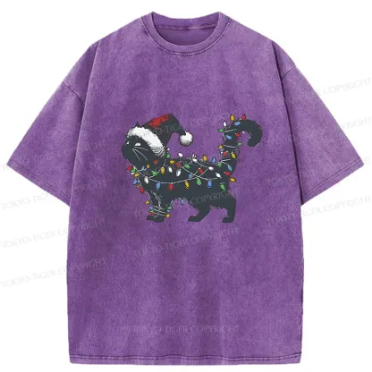 Tokyo-Tiger Cat Entangled In Christmas Lights Washed T-Shirt