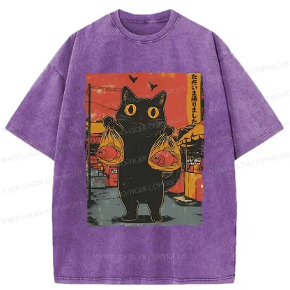 Tokyo-Tiger Cat Fishing Washed T-Shirt