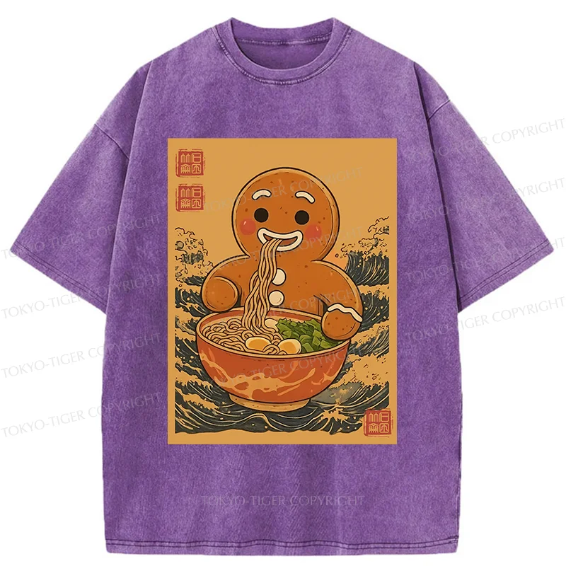 Tokyo-Tiger Gingerbread Man Eating Ramen Washed T-Shirt