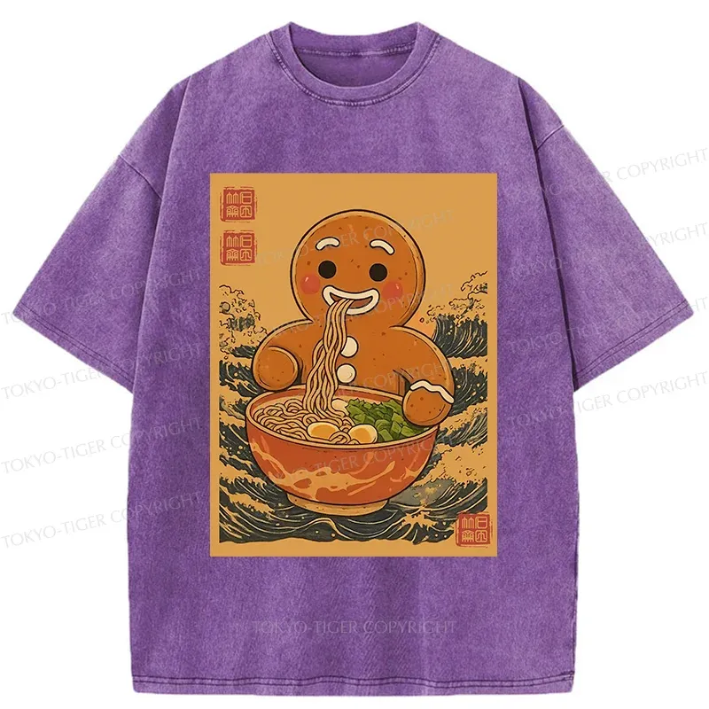 Tokyo-Tiger Gingerbread Man Eating Ramen Washed T-Shirt