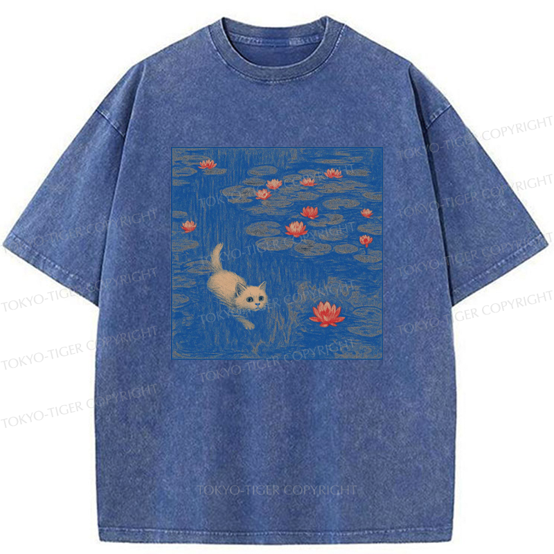 Tokyo-Tiger The Kitten Sneaking Into The Water Lilies Washed T-Shirt
