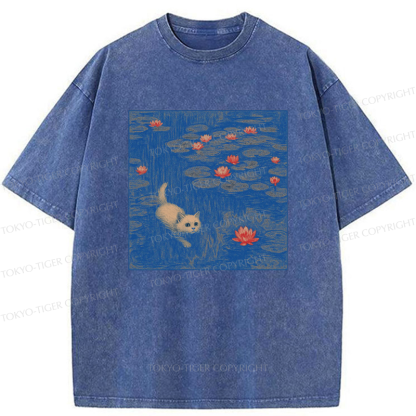 Tokyo-Tiger The Kitten Sneaking Into The Water Lilies Washed T-Shirt