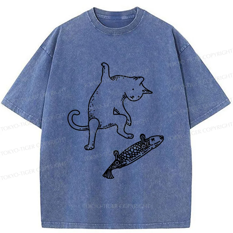 Tokyo-Tiger Cat Skateboarding Washed T-Shirt