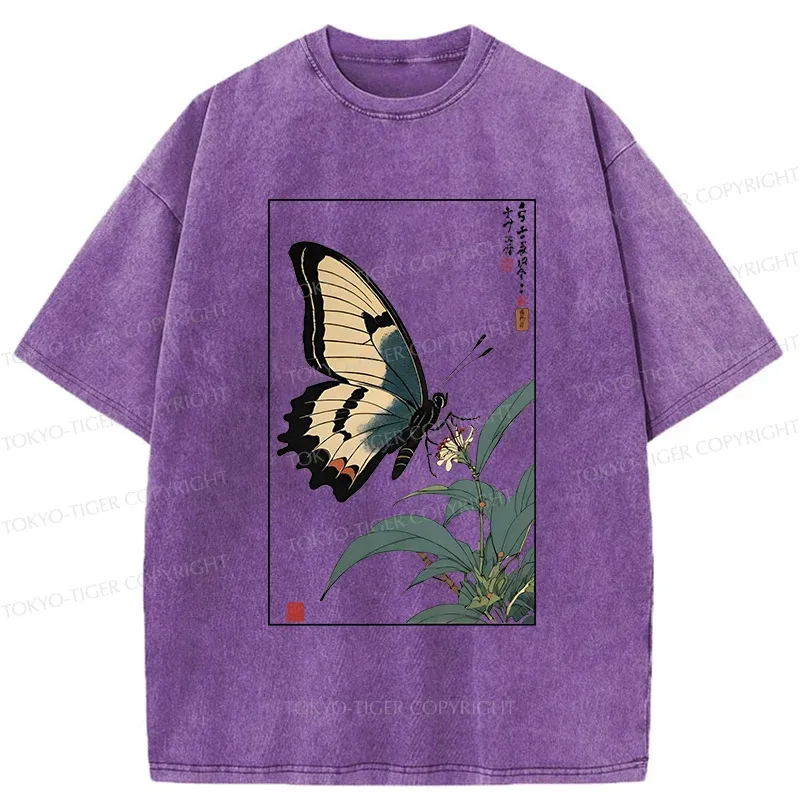 Tokyo-Tiger Ukiyo-e Butterfly Washed T-Shirt