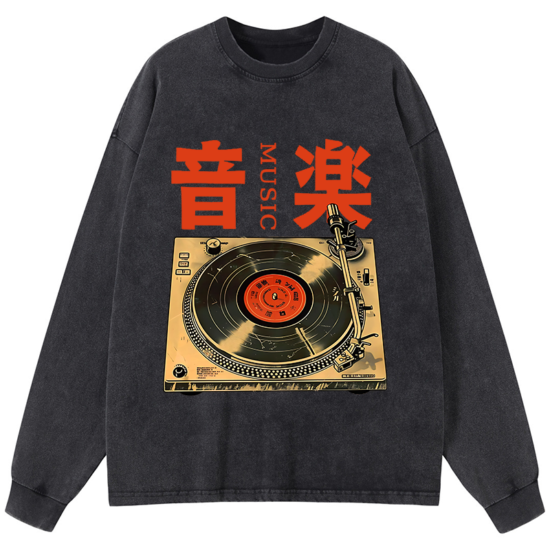 Tokyo-Tiger Retro Music Record Player Washed Long Sleeve T-Shirt