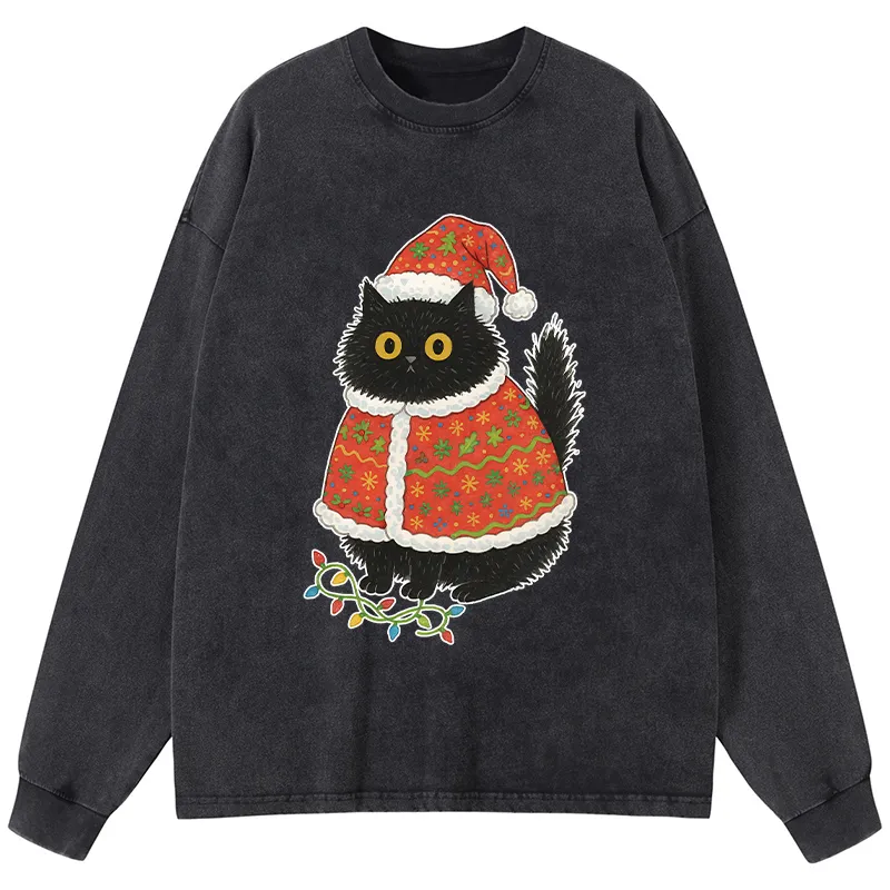 Tokyo-Tiger Cat Wearing Santa Hat Washed Long Sleeve T-Shirt