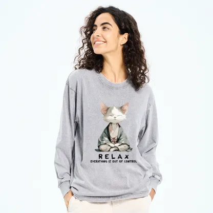 Tokyo-Tiger Zen Cat Relaxation，Everything's Out Of Control Washed Long Sleeve T-Shirt