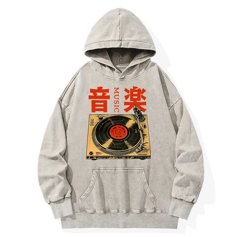 Tokyo-Tiger Retro Music Record Player Washed Hoodie