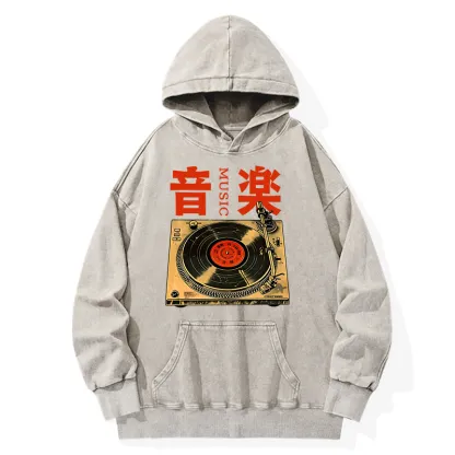 Tokyo-Tiger Retro Music Record Player Washed Hoodie