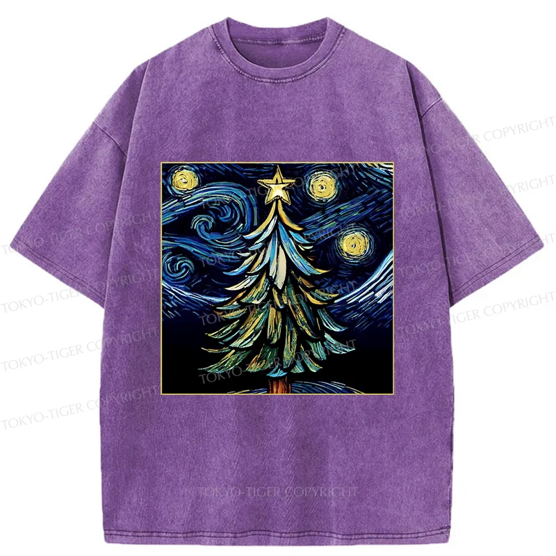Tokyo-Tiger Christmas Tree Under The Starry Night Washed T-Shirt