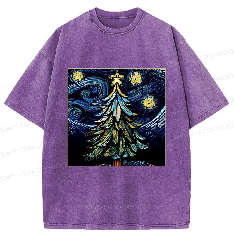 Tokyo-Tiger Christmas Tree Under The Starry Night Washed T-Shirt