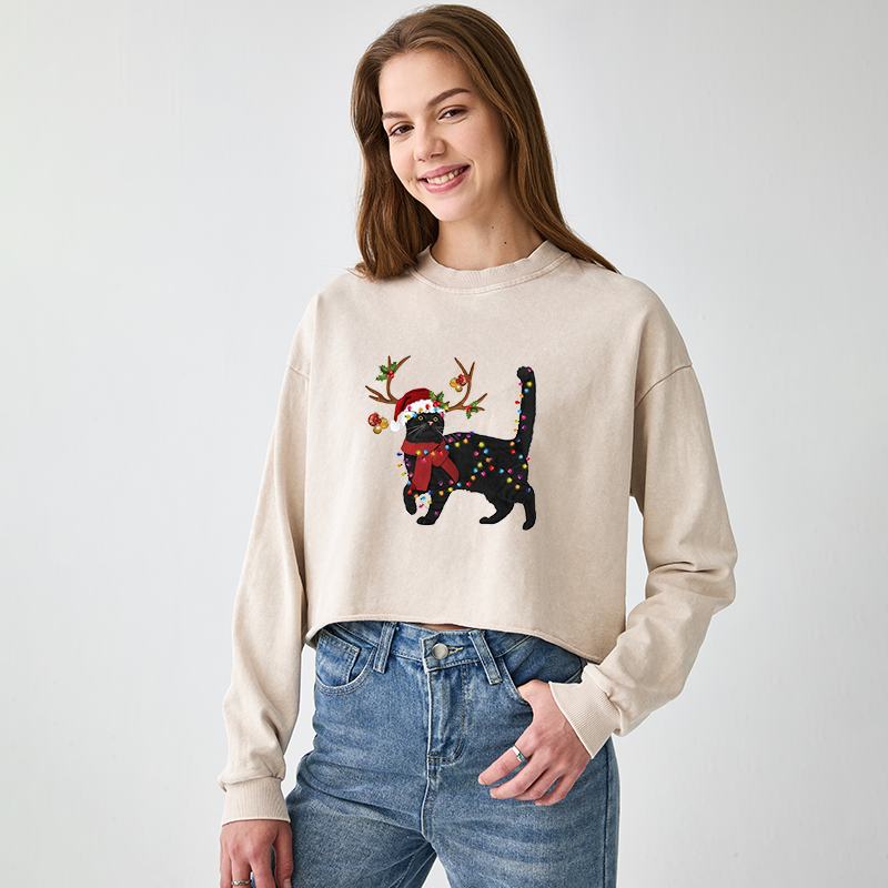 Tokyo-Tiger Christmas Black Cat Washed Crop Sweatshirt
