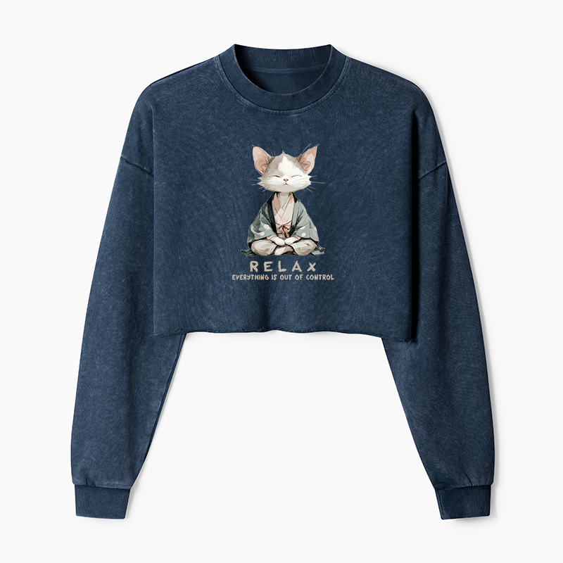 Tokyo-Tiger Zen Cat Relaxation，Everything's Out Of Control Washed Crop Sweatshirt