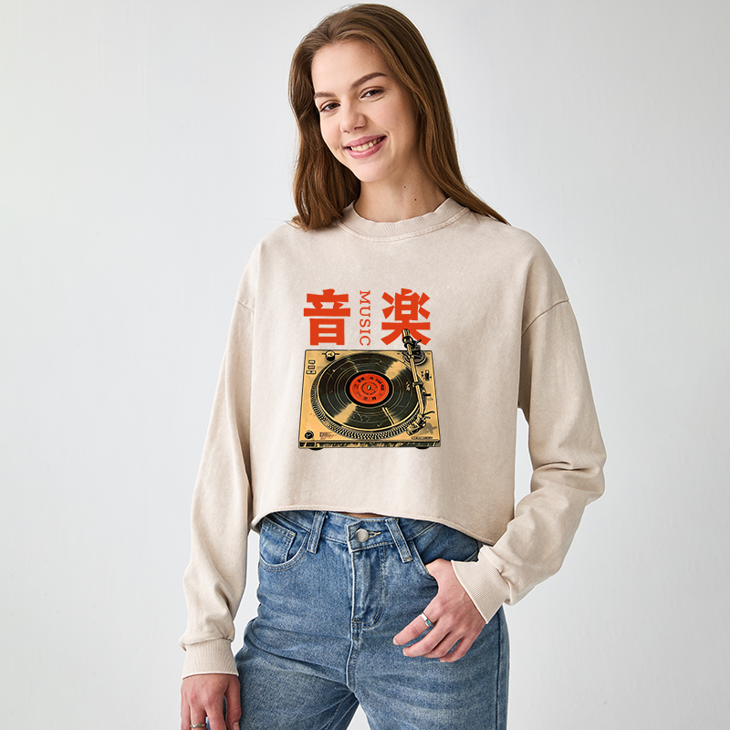 Tokyo-Tiger Retro Music Record Player Washed Crop Sweatshirt
