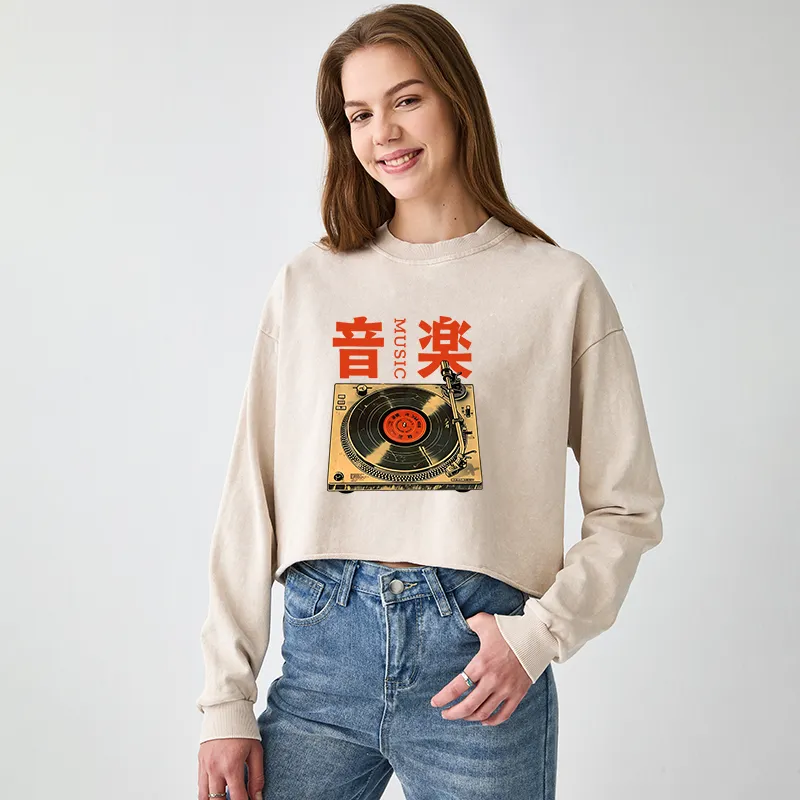 Tokyo-Tiger Retro Music Record Player Washed Crop Sweatshirt