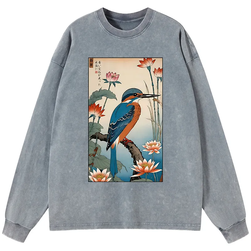 Tokyo-Tiger Ukiyo-e Kingfisher Washed Long Sleeve T-Shirt