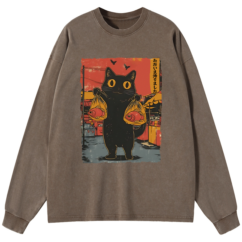 Tokyo-Tiger Cat Fishing Japanese Washed Long Sleeve T-Shirt