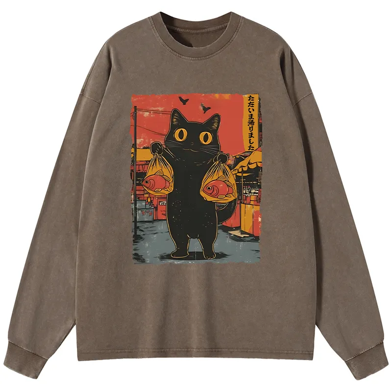 Tokyo-Tiger Cat Fishing Japanese Washed Long Sleeve T-Shirt