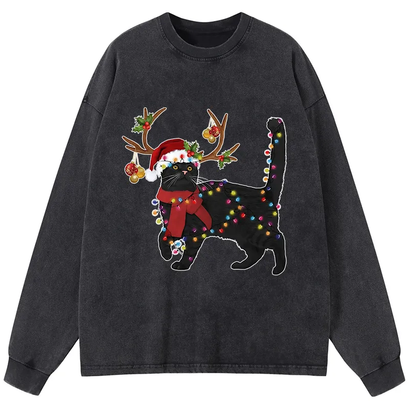 Tokyo-Tiger Christmas Black Cat Washed Long Sleeve T-Shirt