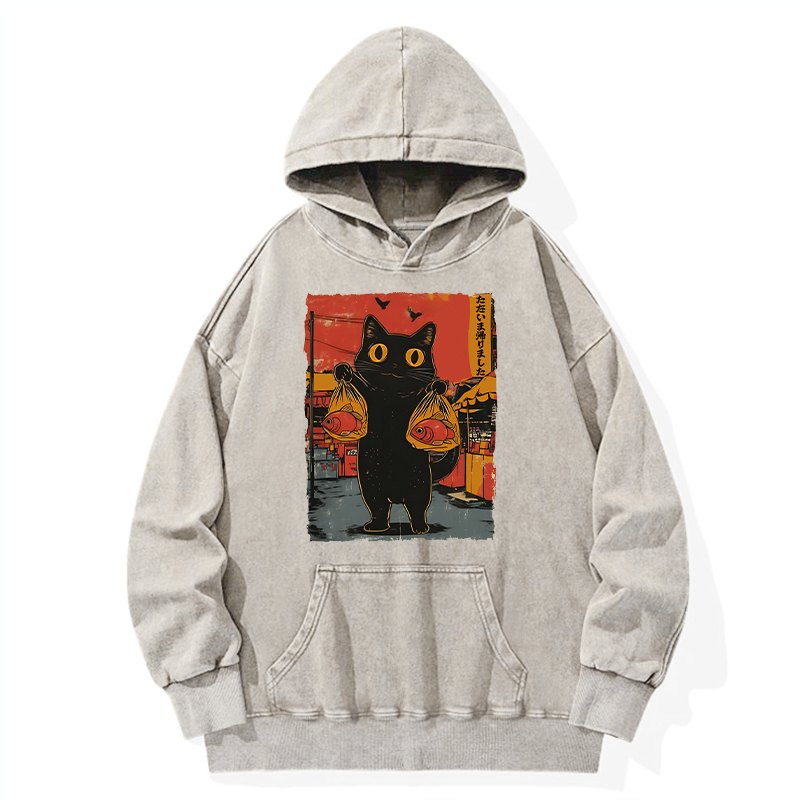 Tokyo-Tiger Cat Fishing Japanese Washed Hoodie