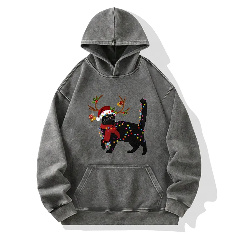 Tokyo-Tiger Christmas Black Cat Washed Hoodie