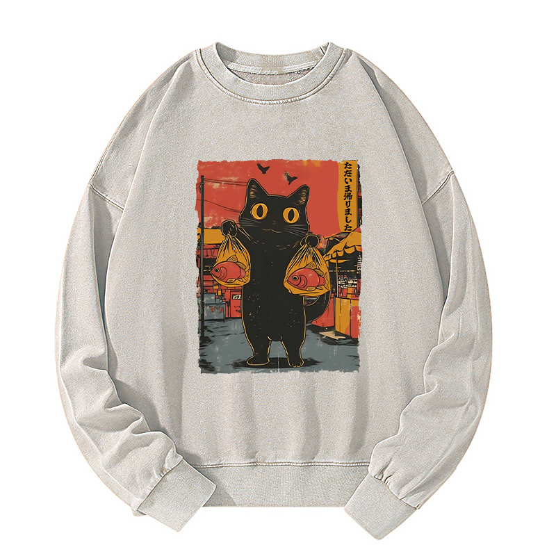 Tokyo-Tiger Cat Fishing Japanese Washed Sweatshirt