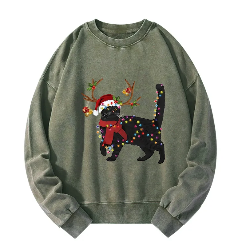Tokyo-Tiger Christmas Black Cat Washed Sweatshirt