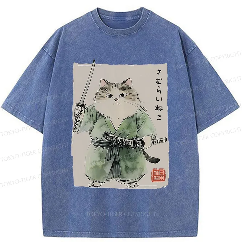 Tokyo-Tiger Fat Cat Samurai Washed T-Shirt
