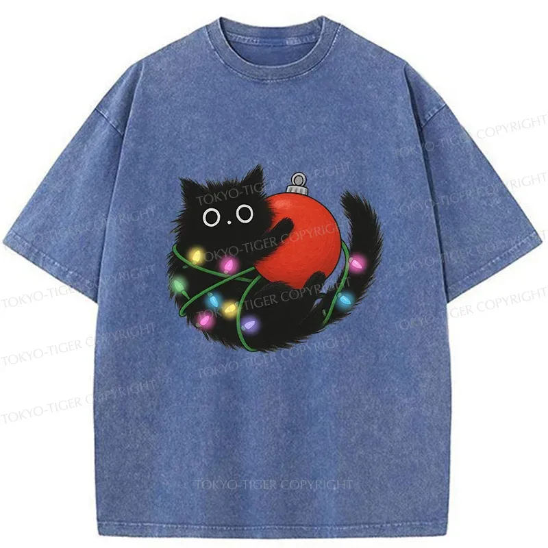 Tokyo-Tiger Black Cat Entangled In Light Strips Washed T-Shirt
