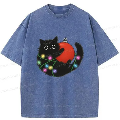 Tokyo-Tiger Black Cat Entangled In Light Strips Washed T-Shirt