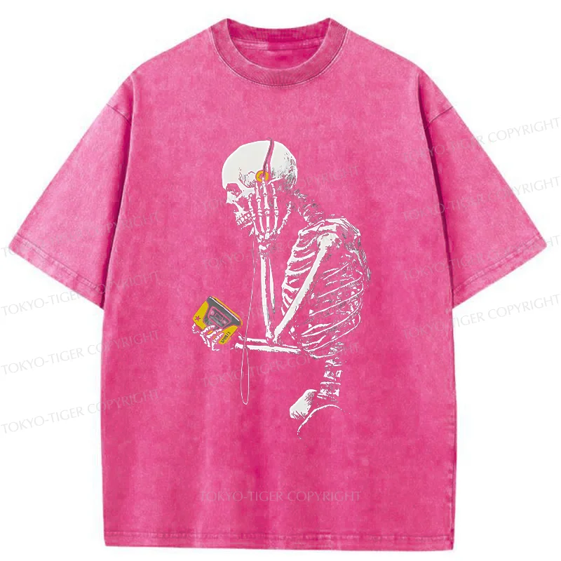 Tokyo-Tiger Skeleton Listening To Music Washed T-Shirt