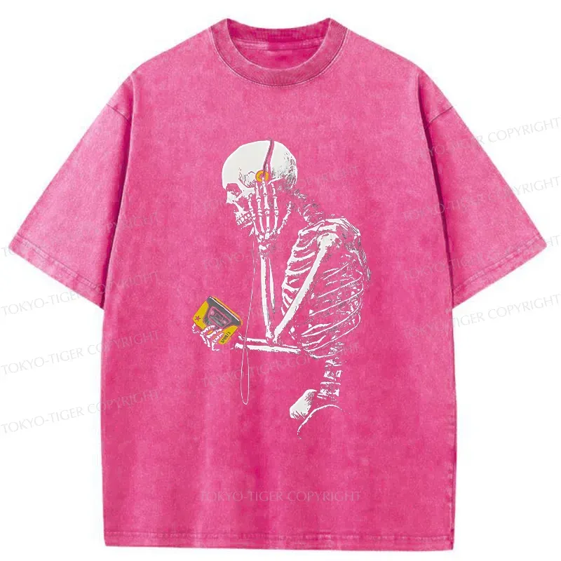 Tokyo-Tiger Skeleton Listening To Music Washed T-Shirt