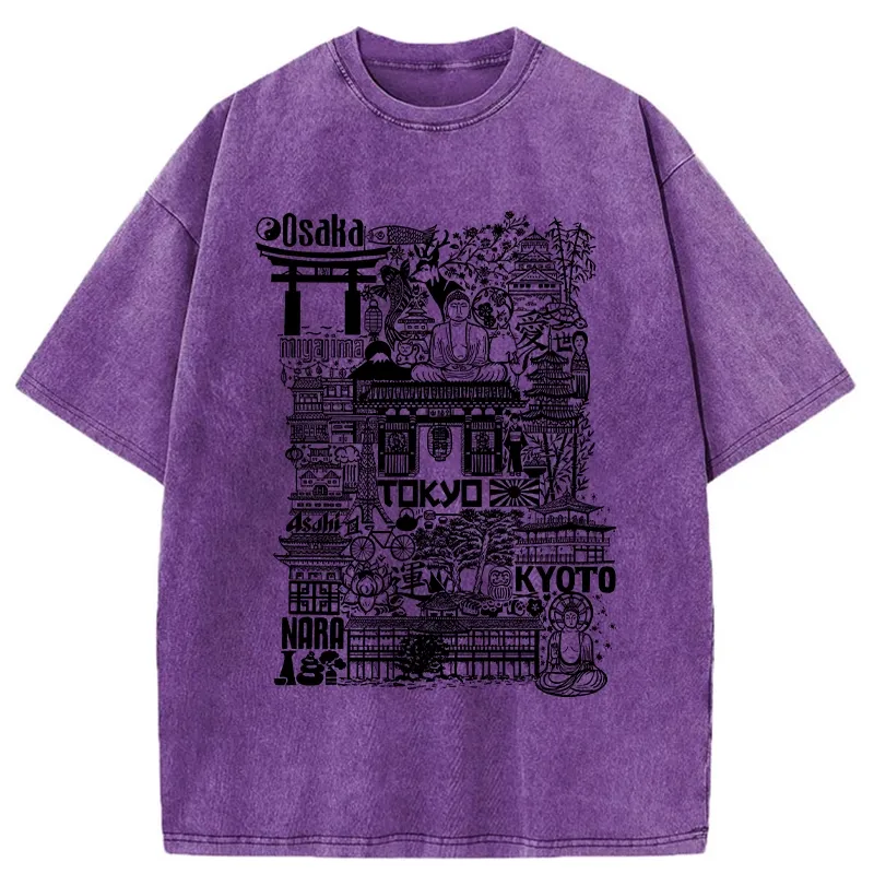 Tokyo-Tiger Japanese Line Cityscape Washed T-Shirt