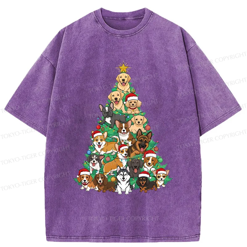 Tokyo-Tiger Christmas Tree Dog Funny Washed T-Shirt