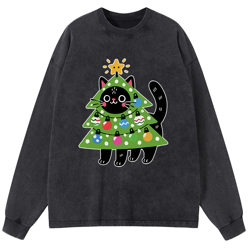 Tokyo-Tiger Christmas Tree Cat Washed Long Sleeve T-Shirt