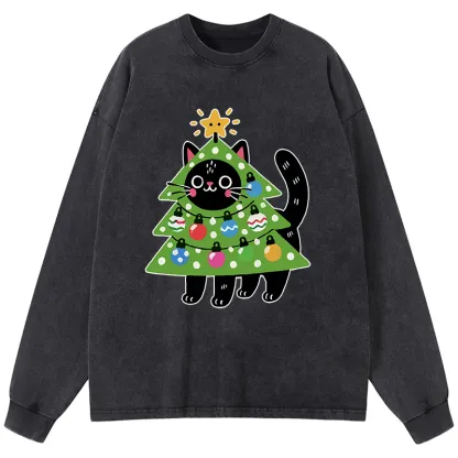 Tokyo-Tiger Christmas Tree Cat Washed Long Sleeve T-Shirt