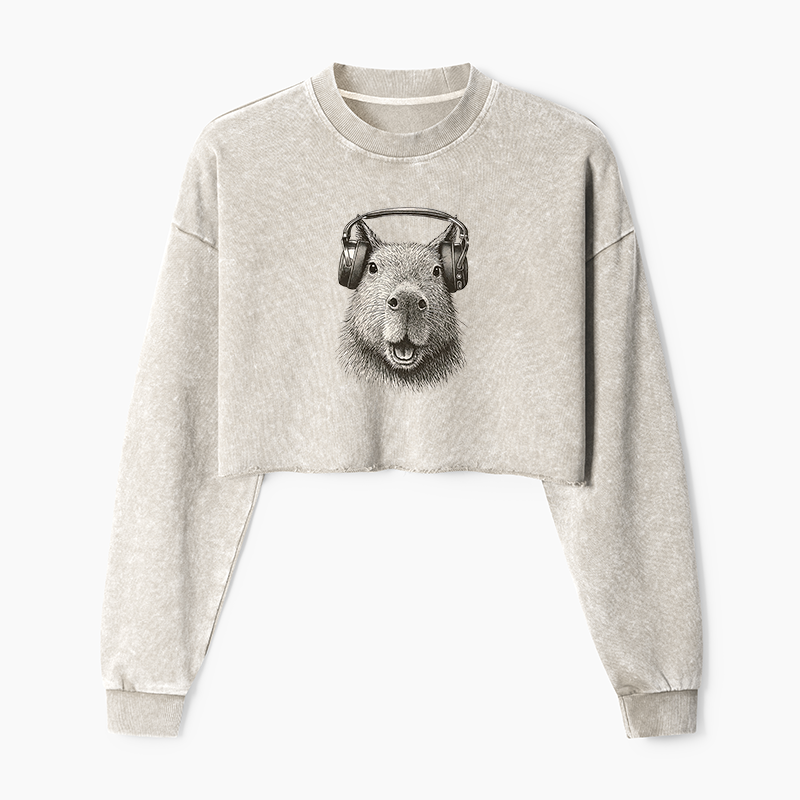Tokyo-Tiger Capybara Listening To Music Washed Crop Sweatshirt