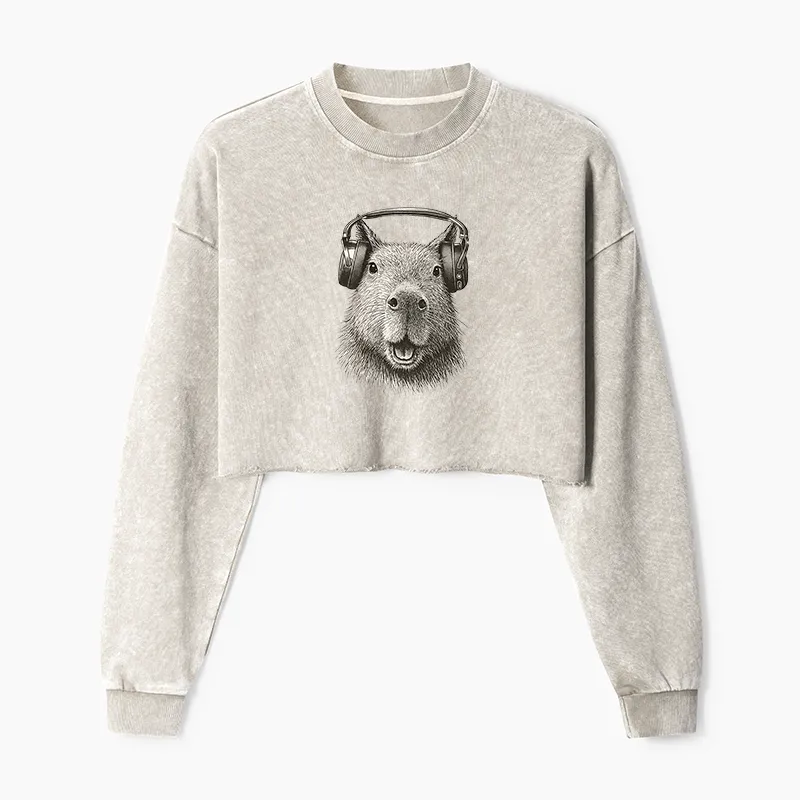 Tokyo-Tiger Capybara Listening To Music Washed Crop Sweatshirt