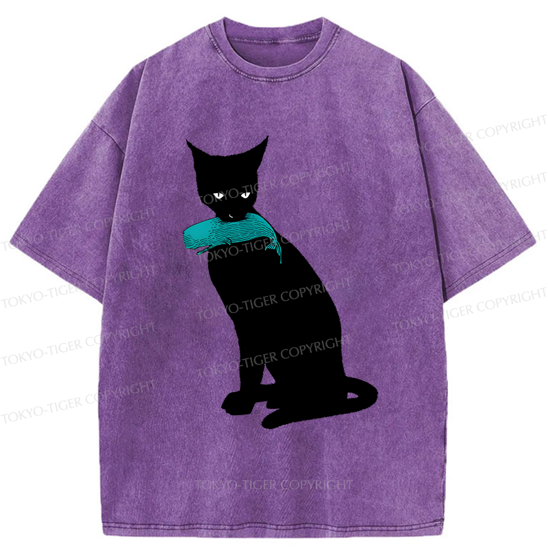 Tokyo-Tiger Cat Eats Whale Washed T-Shirt