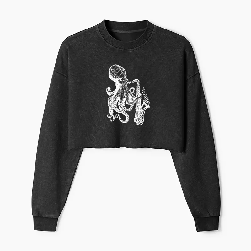 Tokyo-Tiger Octopus Playing Saxophone Washed Crop Sweatshirt