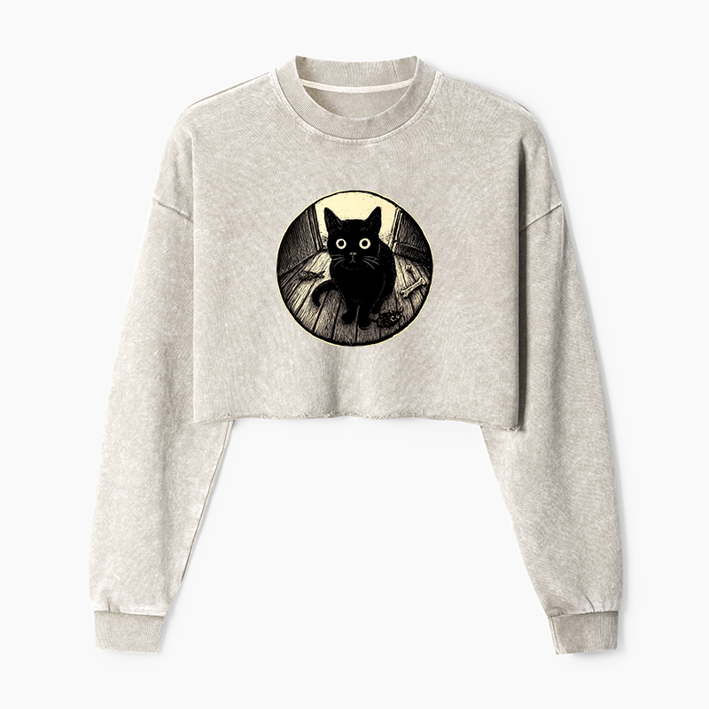 Tokyo-Tiger Waiting Black Cat Washed Crop Sweatshirt