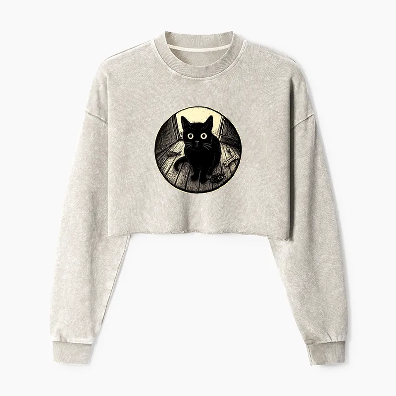 Tokyo-Tiger Waiting Black Cat Washed Crop Sweatshirt