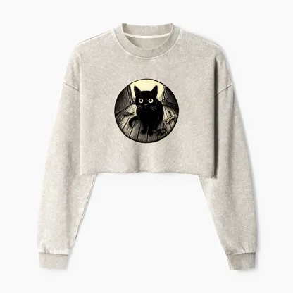 Tokyo-Tiger Waiting Black Cat Washed Crop Sweatshirt