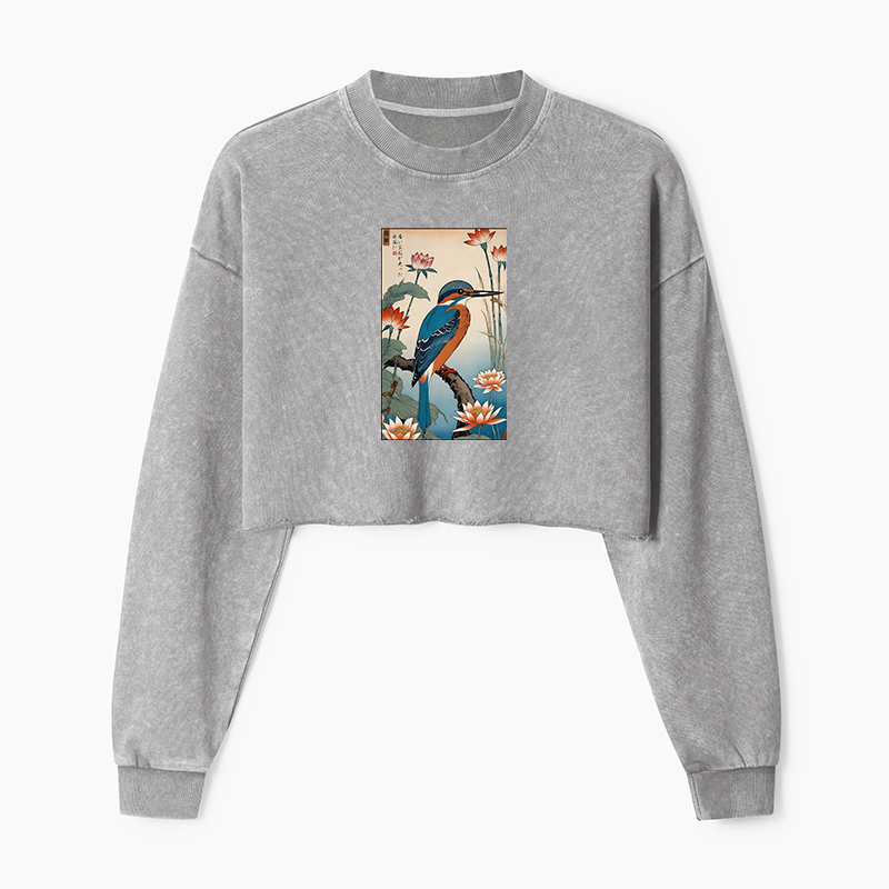 Tokyo-Tiger Ukiyo-e Kingfisher Washed Crop Sweatshirt
