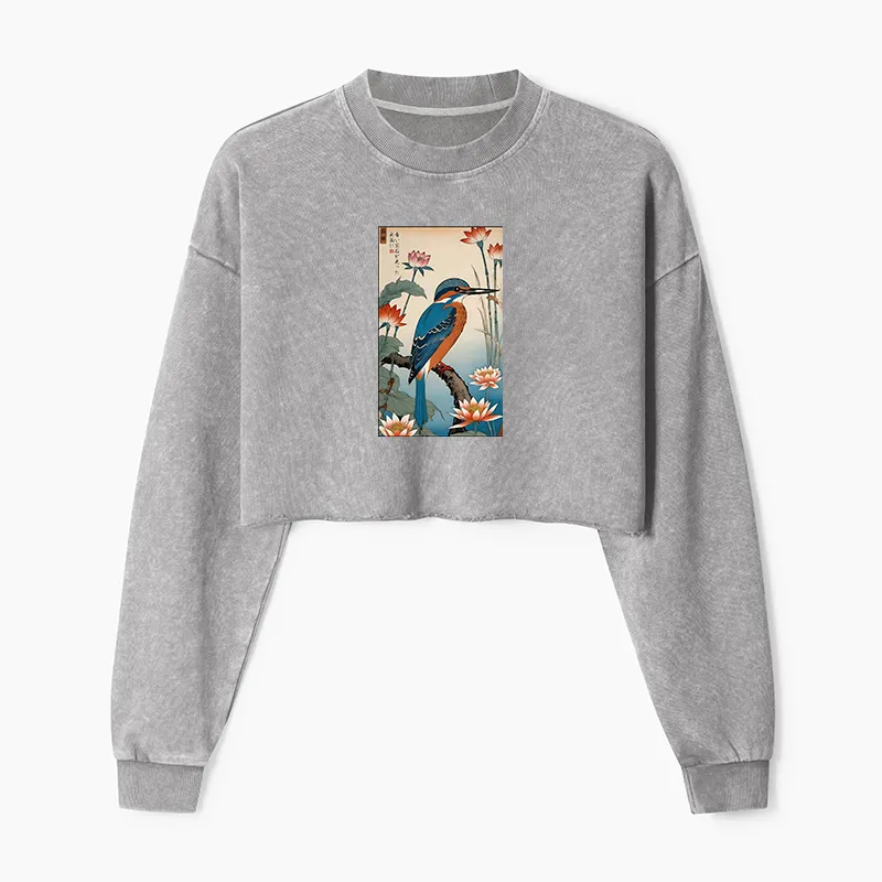 Tokyo-Tiger Ukiyo-e Kingfisher Washed Crop Sweatshirt