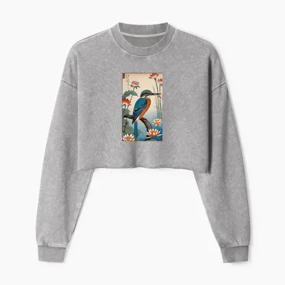 Tokyo-Tiger Ukiyo-e Kingfisher Washed Crop Sweatshirt