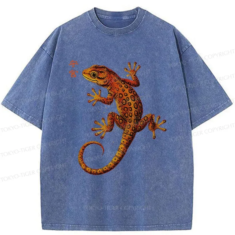 Tokyo-Tiger Retro Gecko Funny Washed T-Shirt