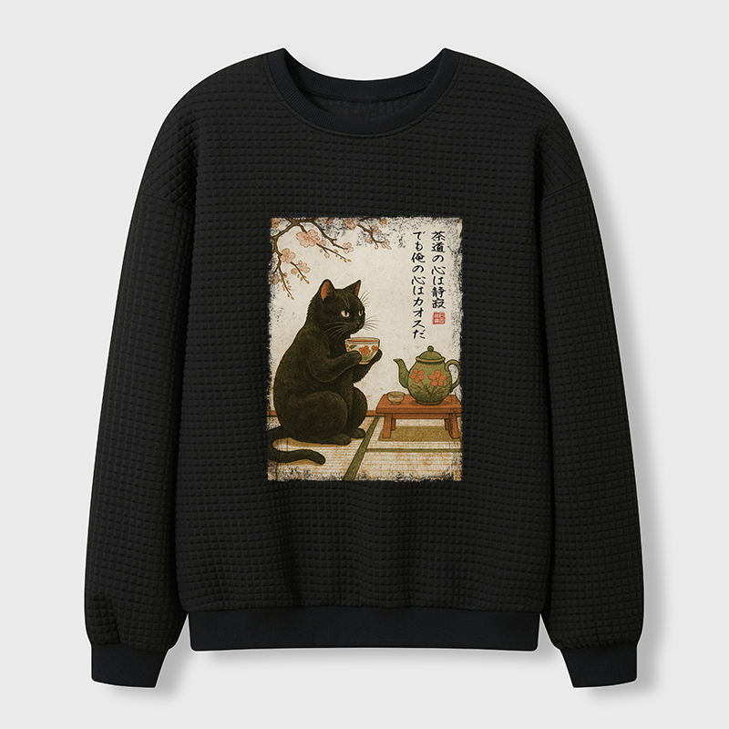 Tokyo-Tiger Tea Time With A Black Cat Waffle Sweatshirt