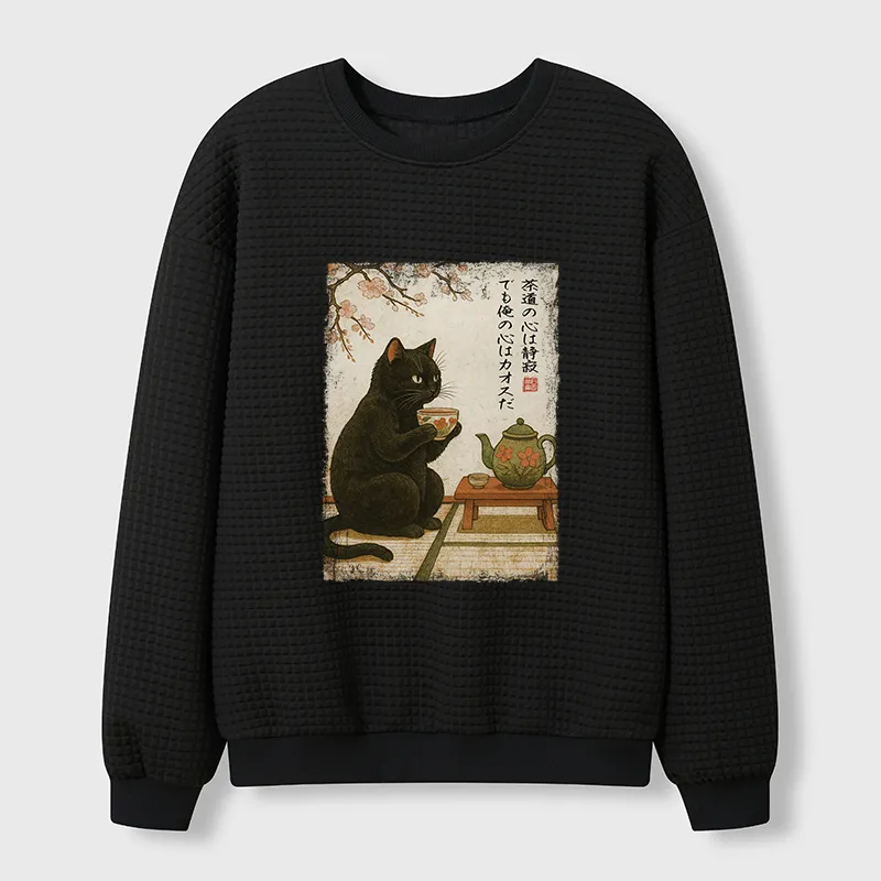 Tokyo-Tiger Tea Time With A Black Cat Waffle Sweatshirt