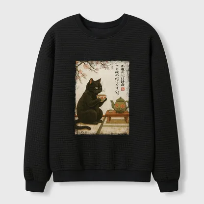 Tokyo-Tiger Tea Time With A Black Cat Waffle Sweatshirt